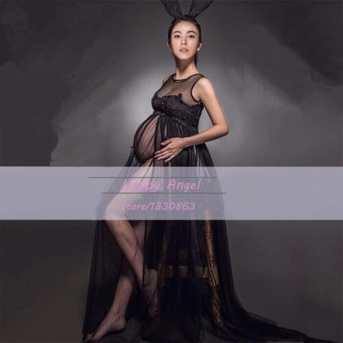 Pregnancy Photo Shoot Beach Dress White Black chiffon Maternity Long Lace Dress Pregnant Photography Props Fancy Clothes