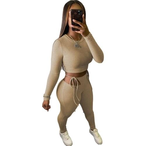 Casual Knit Rib Solid Tracksuit Women Sexy Active Sportswear O Neck Crop Top + Hollow Out Bandage Leggings Two Piece Set Outfits