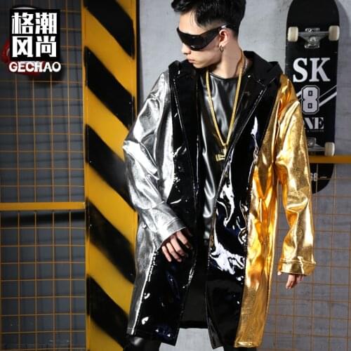 S-5XL New Men singer Fashion DJ GD Hip hop Patchwork Contrast color Hooded PU cloak coat plus size stage Performance costumes