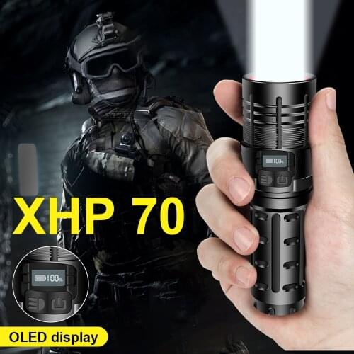 High Power LED XHP70 Flashlight USB Rechargeable 18650 or 26650 Tactical Flash Light Waterproof Torch Bicycle Hunt Camp Lantern