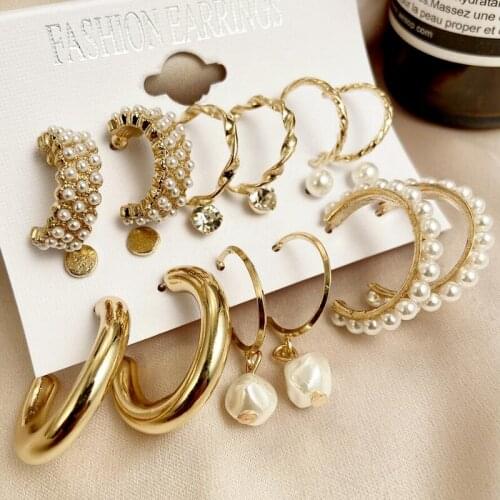 Trend Jewelry Pearl Zircon Temperament Earrings Ladies Pearl 9-Piece Set Geometric Ladies Geometric Round Earrings Party Gifts