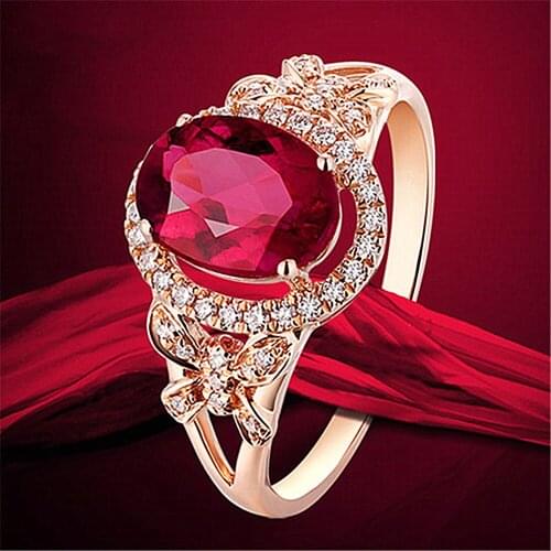 Romantic red crystal ruby gemstones diamonds rings for women rose gold tone butterfly bague jewelry party accessories gifts new