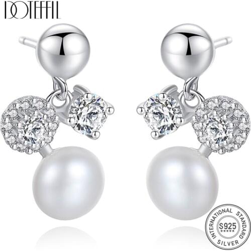 DOTEFFIL New Earrings Natural Freshwater Pearl Genuine 925 Silver Zircon Pearl Earrings For Women Jewelry Engagement Gift