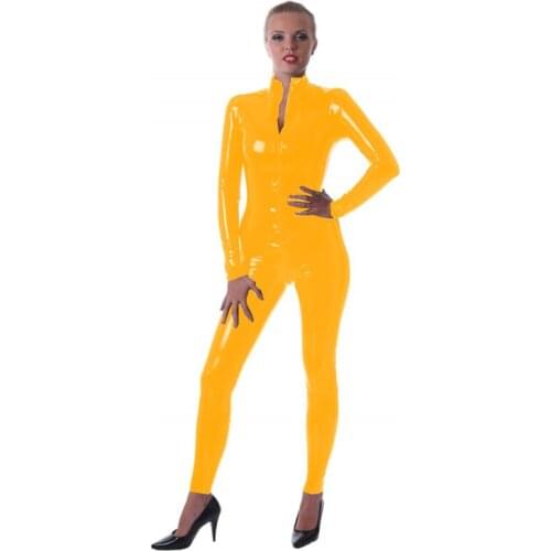 Plus Size 6XL Shiny PVC Catsuit Front Zipper To Crotch Jumpsuit Women Long Sleeve Bodycon Wet Look Bodysuit Sexy Cosplay Costume