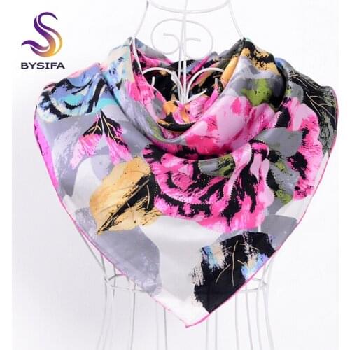 Ladies Grey Pink Silk Scarf Shawl 2017 New China Style Peony Design 100% Silk Large Square Scarves Wraps 90*90cm Fine Hand Edge