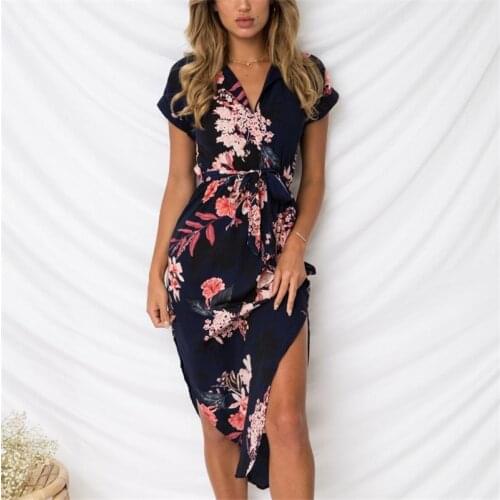 Women Casual Tie-Up Slim Waist Long Dress Elegant Floral Print V Neck Dresses Fashion Retro Short Sleeve Irregular Party Dress