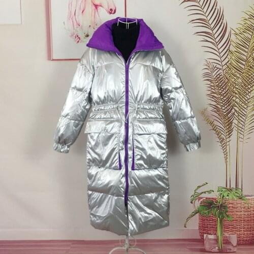 Winter Glossy Loose Down Coat Adjustable Waist 90% White duck down Jacket Silver Long Warm Parka Outwear Windproof Womens Coats