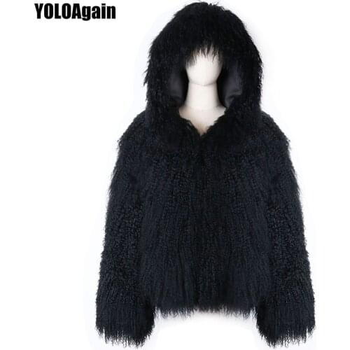 YOLOAgain Winter Warm Women Real Mongolia Sheep Fur Jacket Hood