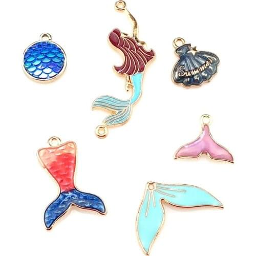 20x Colors Enamel Ocean Shell Mermaid Tail Fish Scales Prints Charms fit Pendant Rotating Key Chain Keyrings Jewelry Making