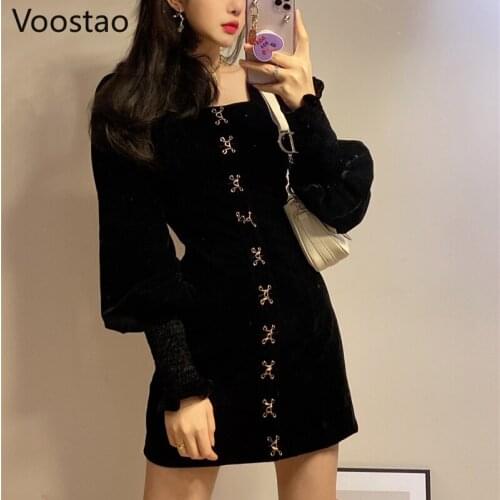 Black Gothic Dress Spring Women French Temperament Puff Long Sleeve Velvet Mini Dresses Girl Autumn Vintage Punk Party Dress
