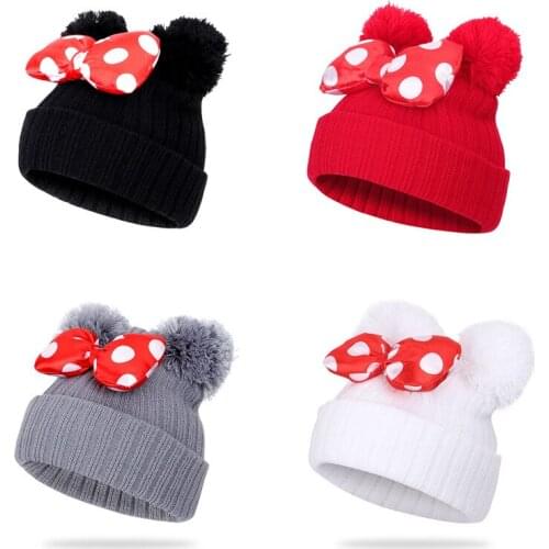 Disney Mickey Cute Polka Dot Cartoon Big Bow Childrens Knitted Wool Hat Beanie Autumn and Winter Warm Girls Double Pompon Hat