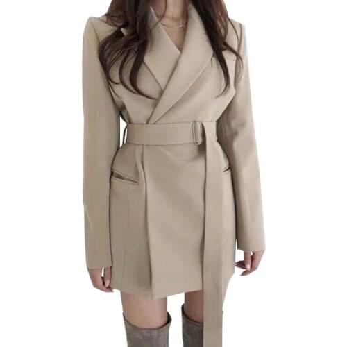 Elegant Women Long Sleeve Blazer With Belt Open Front Cardigan Work Office Blazers With Pockets Femme Veste