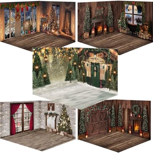 Christmas Window Photography Backdrop Photocall Fireplace Winter Snow Photo Background Christmas Trees Children Portrait Props