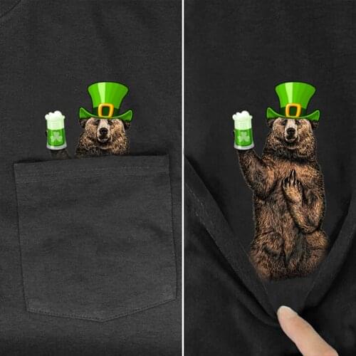 T-Shirt Fashion New Pocket Irish Beer Is with Bear St Patricks Day Print T-shirt Mens Shirts Hip Hop Tops Funny Harajuku Tees
