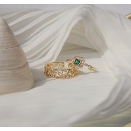 Ins Hot Sale Crystal Adjustable Pierced Rings for Women New Fashion Brand Jewelry Gift Engagement Green Zirconia Rings