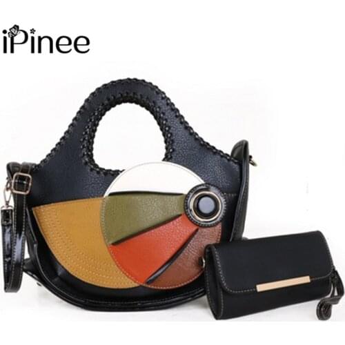 IPinee 2pcs/Set Weave Women Handbags PU Leather Colorful Bag Europe and America Designer Shoulder Bags Large Tote Bag