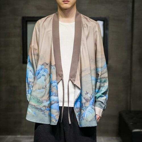 Chinese Hanfu Windbreaker Coat Japanese Kimono Men 2021 Outdoor Jackets Printed Cardigan Streetwear Shirt Tang Suit