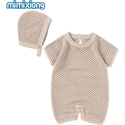 Summer Baby Rompers Clothes Infant Boys Girls Short Sleeve Jumpsuits Caps Outfits Set Fashion Solid Cotton Knitted Children Wear