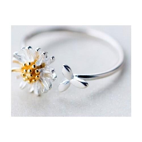 Cute Mini Small Daisy Adjustable Ring Flower With Leaf Shaped Ring Best Quality Jewelry Opening Ring Fashion Silver Color