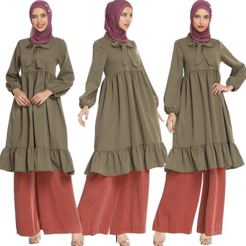 Muslim Women Long Sleeve Blouse Wide Leg Pants 2 Piece Set Ruffle Bow Abaya Islamic Kaftan Turkey Jilbab Ramadan Dress Arab Gown