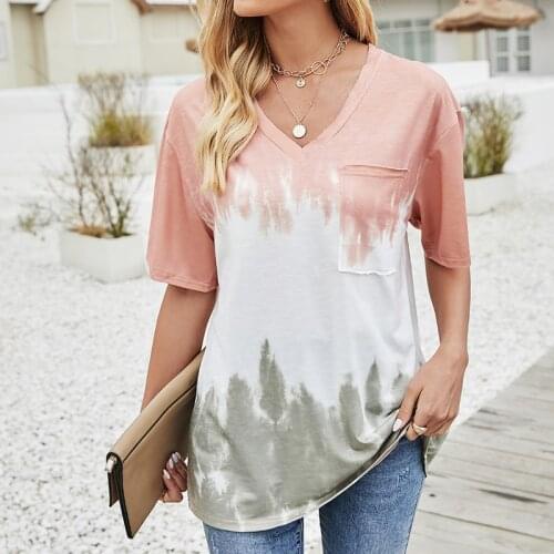 Summer New Tie Dye Contrast Color Short Sleeve V Neck Pocket Womens T Shirt Casual Loose Streetwear Plus Size Tops