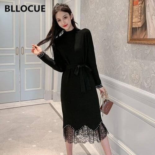 BLLOCUE Autumn Winter Lace Pearls Beading Knit Two-piece set Dress Women Pullover Sweater Long Sleeve Solid Color Elegant Dress