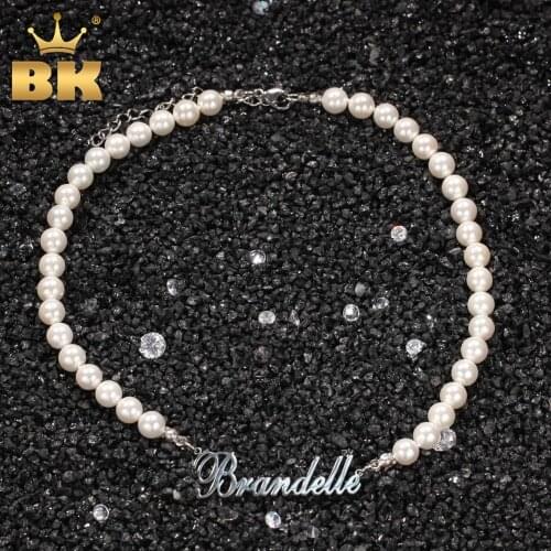 The Bling King Round Pearl Necklace DIY Art Font Stainless Steel Nameplate Pendant for Women Vintage Necklace Birthday Gift