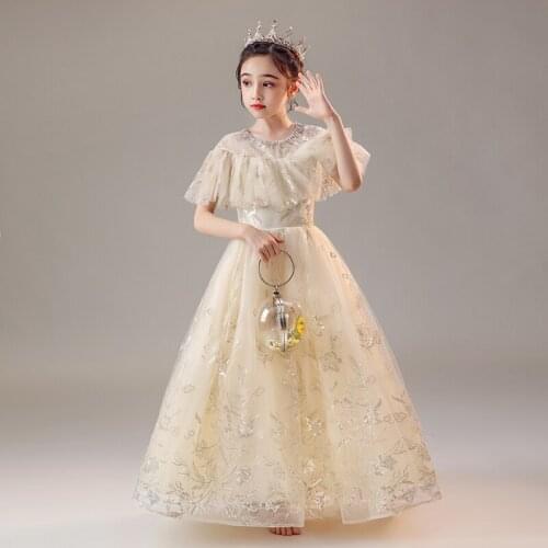 Flower Girls Dresses Embroidery Sequined Beading O-Neck Short Champagne Tulle Ball Gown Tiered Floor-Length Princess Skirt D190