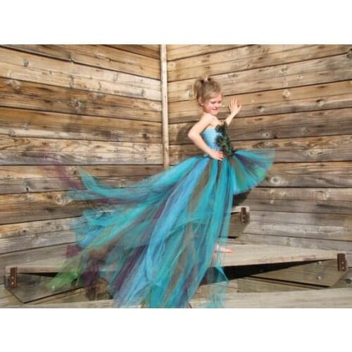 Girls Peacock Feather Trailing Tutu Dress Kids Crochet Flower Tulle Dress Ball Gown Children Evening Party Banquet Costume Dress