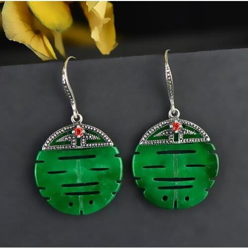 Silver inlay earrings double circular TieLong raw dried green eardrop retro earring ornaments ms elegant temperament