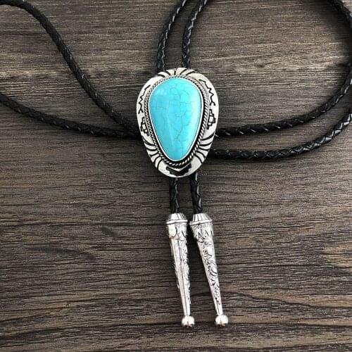 Blue turquoise bolo tie for man handmakde Indian cowboy western cowgirl zinc alloy necktie