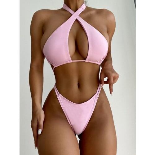 Sexy Solid Color Bikini 2021 Swimsuit Women Halter Lace Up Wrap Around Bikini Set Thong Swimwear Summer Bather Bathing Suit Swim