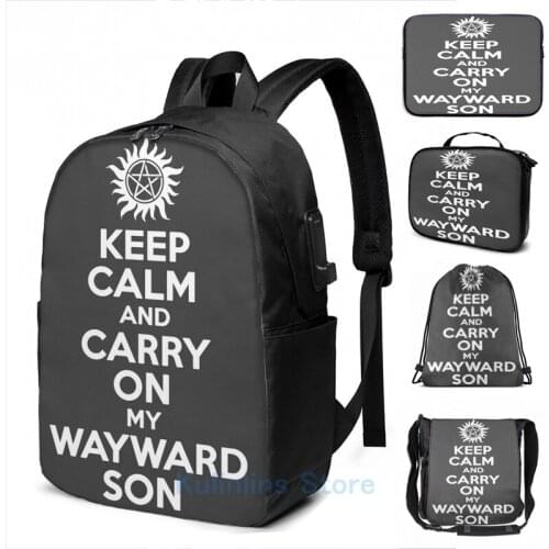 Graphic print Supernatural Keep Calm And Carry On My Wayward Son USB Charge Backpack men School bags Women bag Travel laptop bag