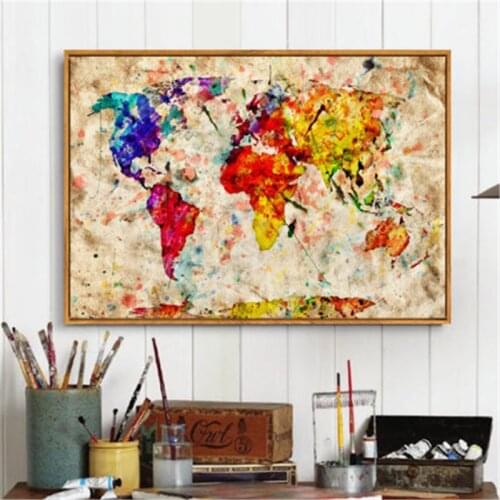 Vintage Colorful World Map Posters and Print Canvas Painting Nordic Map Wall Art Picture for Living Room Home Decoration Cuadros