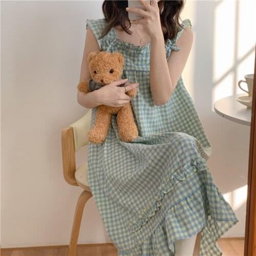 Green Plaid Print Summer Nightgown Women Ruffles Sleeveless Loose Long Sleepwear Korean Sweet Spaghetti Strap Homewear