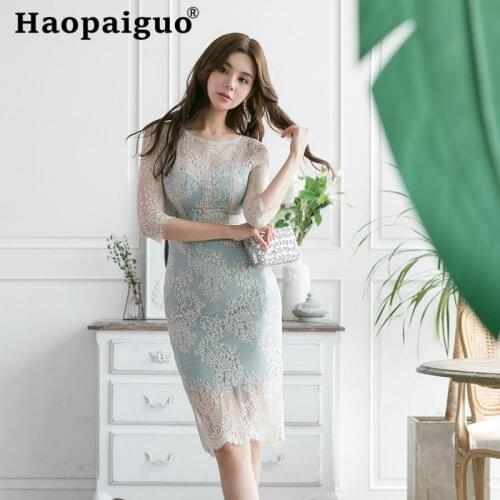 Plus Size Perspective Floral Lace Dress Women O-neck Wrap Vintage Dress Women Solid Bodycon Dresses Woman Party Night Sukienki