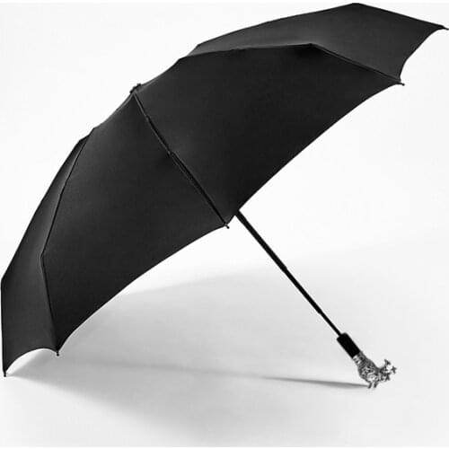 Mens Retro Chinese Animal Head Folding All-Weather Umbrella Electroplated Three Fold Umbrella With Solid Color Impact cloth