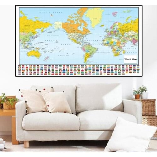 150x225cm The World Mercator Projection Map With National Flags Non-woven Non-Smell World Map For Travel And Trip