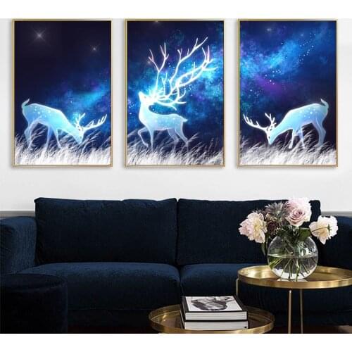 3 Pieces Abstract Wall Painting Nordic Elk Canvas Poster Starry Night Canvas Art Print Modern Wall Pictures For Living Room Deco