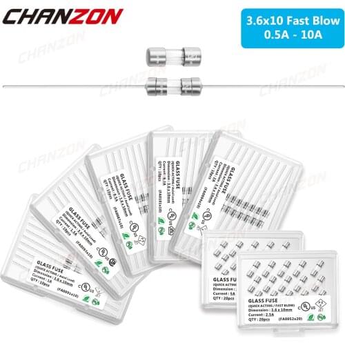 3.6x10mm Fast Blow Glass Tube Cylinder Fuse 0.5A 1A 1.5A 2A 2.5A 3A 3.15A 5A 6.3A 10A 250V 125V 12V Electric for Oven Microwave