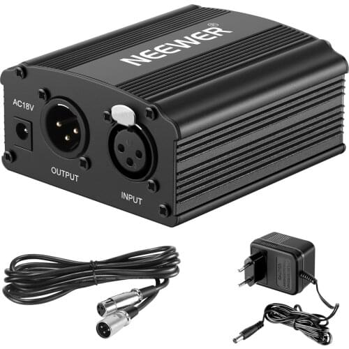Neewer EU Plug 220V 1-Channel 48V Phantom Power Supply+Adapter+One XLR Audio Cable for Any Condenser Microphone Recording