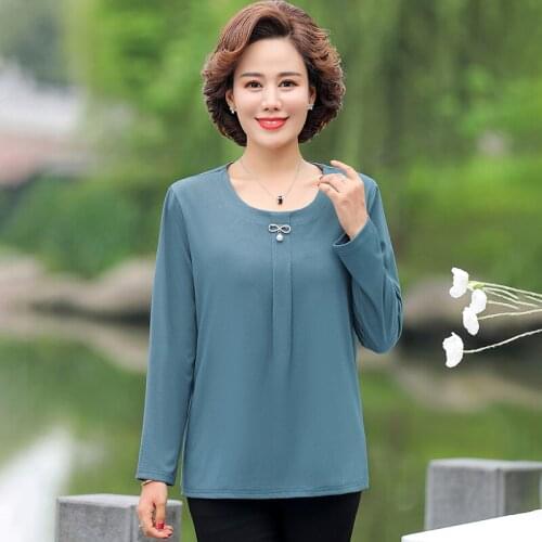 Long Sleeve Tshirt Tops For Women Pullover 2021 Spring Fall New Middle Age Mother Clothing O Collar Bottoming Shirt 5XL