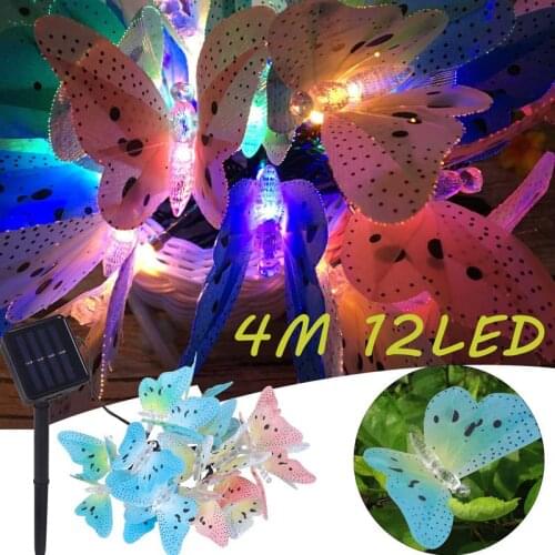 4M 12 Led Solar Powered Butterfly Fiber Optic Fairy String Lights Waterproof Christmas Outdoor Garden Holiday Decoration Lights