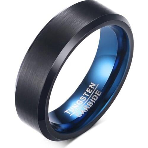 Matte Finished Black and blue Tungsten Carbide Mens Ring 6mm Never Rust Wholesale Anniversary Souvenir Gift