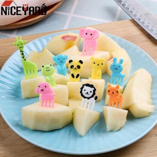NICEYARD 10pcs/pack Mini Cartoon Snack Cake Dessert Food Fork Animal Farm Fruit Fork Bento Lunches Toothpick for Children