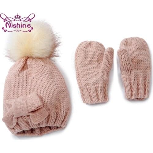 Nishine 2 Pcs Winter Warm Solid Color Kids Gloves Knitted with Bows Baby Girl Toddler Hats Newborn Birthday Gifts Photo Props
