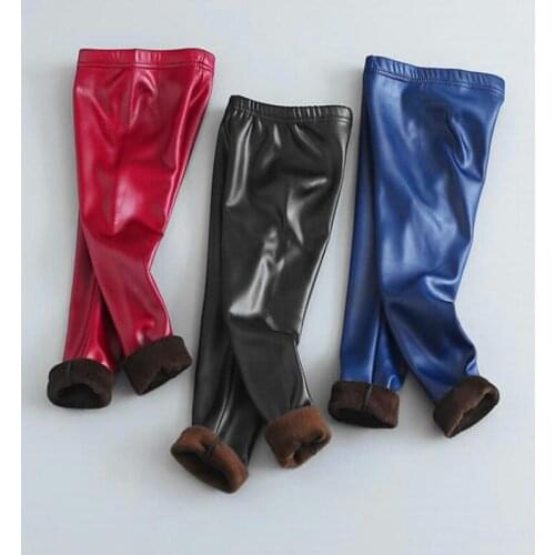 2021 New Design Baby Pants Winter Children Plush Imitation Leather PU Leggings Girls Slim Fit Warm Versatile Red Blue 100-150