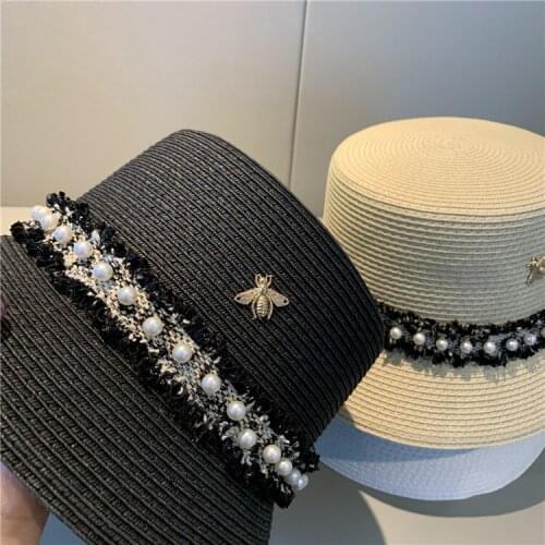 202104-2508076 new spring summer pearl ribbon bee paper grass leisure lady bucket cap women fisherman hat
