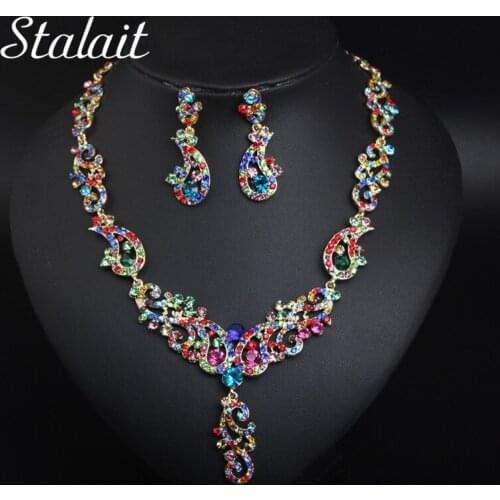 New Design Multicolor Full Zircon Crystal Flower Pattern Wave Gold Color Necklace Earrings Jewelry Sets For Women Party Gifts