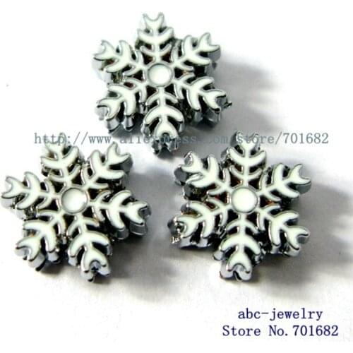Wholesale 10pcs white snowflake Slide Charms Internal Dia.8mm through 8mm band keychain pet collar